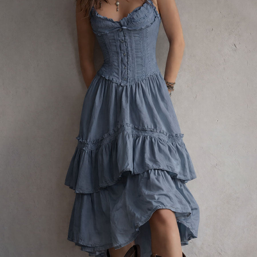 Retro Boho Corset Tiered Midi Dress With Lace-Trim