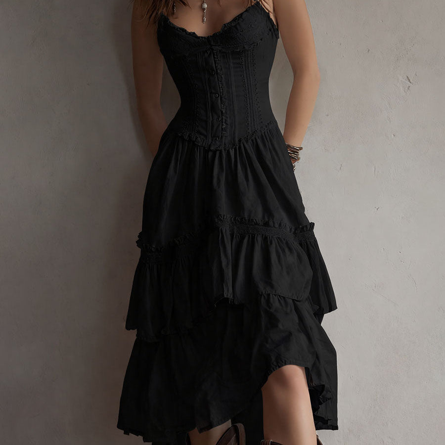 Retro Boho Corset Tiered Midi Dress With Lace-Trim