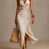 Tatiana | Midi Dress in Natural Linen with Crossed Neckline and Lace