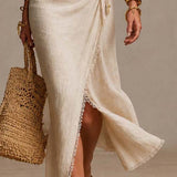 Tatiana | Midi Dress in Natural Linen with Crossed Neckline and Lace