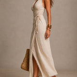 Tatiana | Midi Dress in Natural Linen with Crossed Neckline and Lace