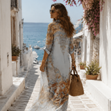 Baroque Style Floral Blue Chiffon Maxi Dress