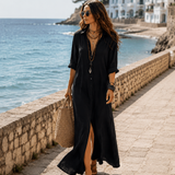 Black Button-Front Bohemian Shirt Maxi Dress