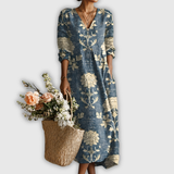 Margrit™ | Elegant Boho Midi Dress with Floral Print in Indigo