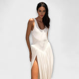 Draped Maxi Dress with Sculptural Skirt and Side Slit