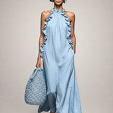 Helene | Sleeveless Linen Maxi Dress with Ruffles