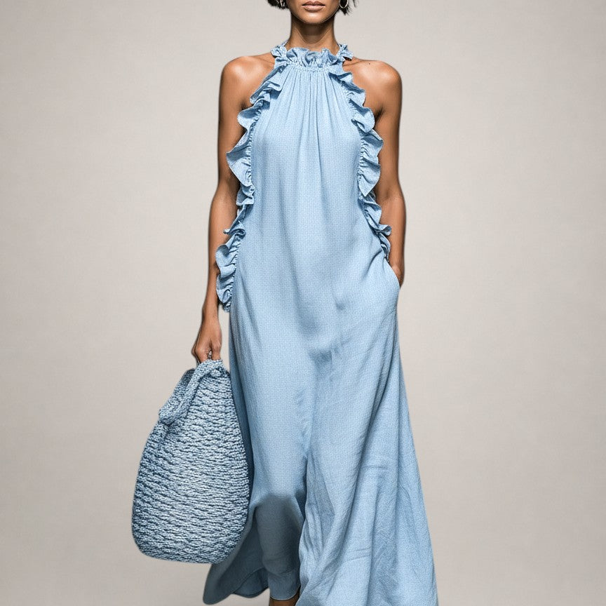 Helene | Sleeveless Linen Maxi Dress with Ruffles