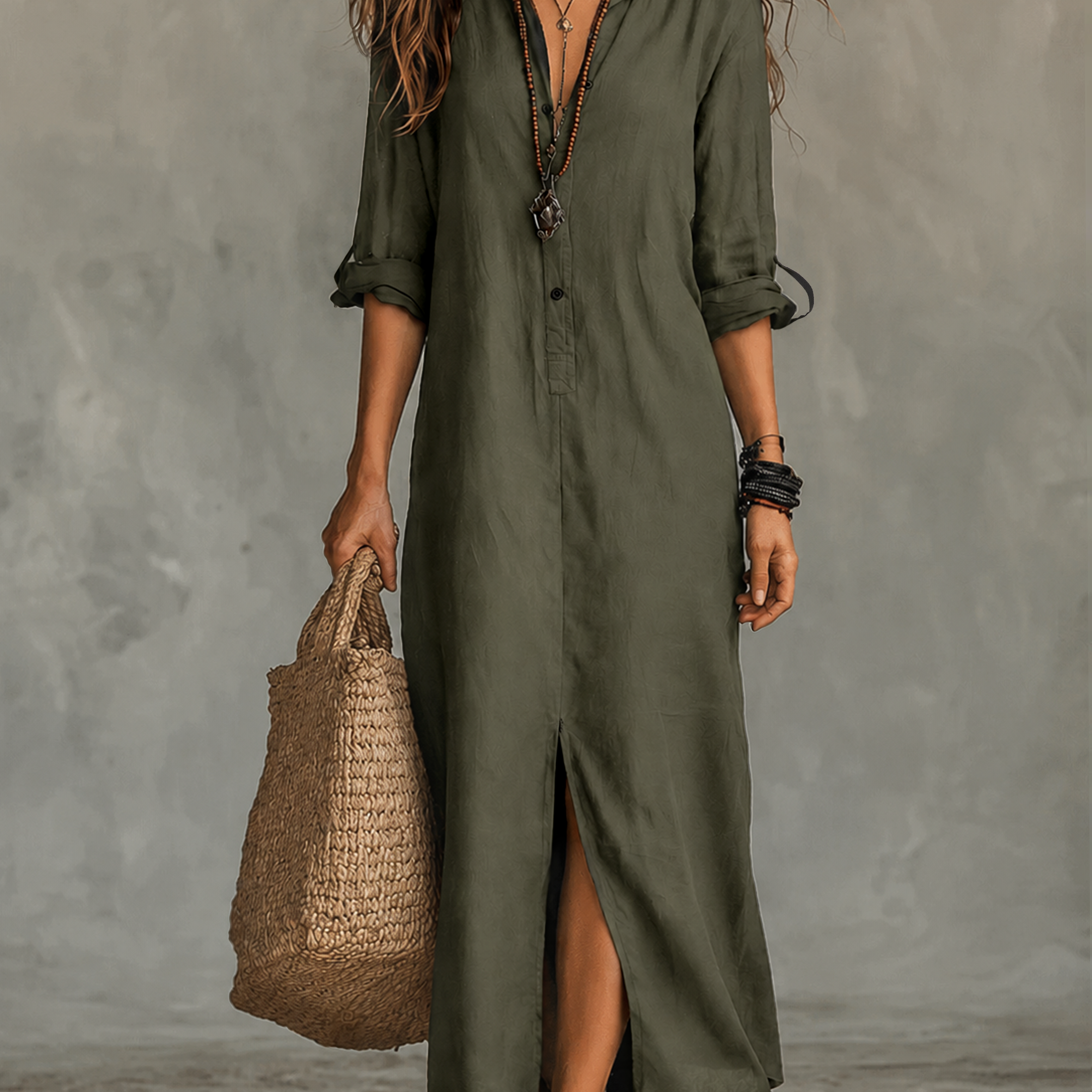 Black Button-Front Bohemian Shirt Maxi Dress